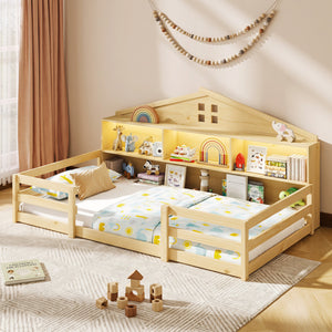 Twin Size Montessori Floor Bed with Storage Compartments and Shelf-Natural view 2