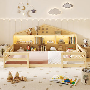 Twin Size Montessori Floor Bed with Storage Compartments and Shelf-Natural view 3