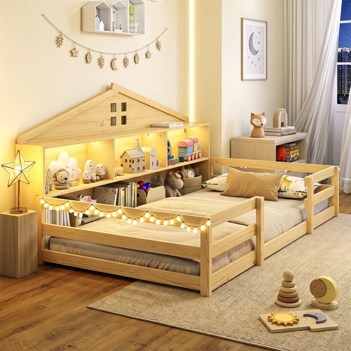 Twin Size Montessori Floor Bed with Storage Compartments and Shelf-Natural view 5