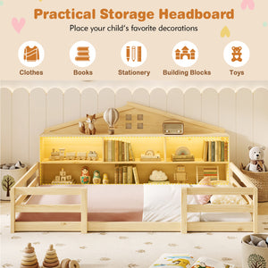 Twin Size Montessori Floor Bed with Storage Compartments and Shelf-Natural view 6
