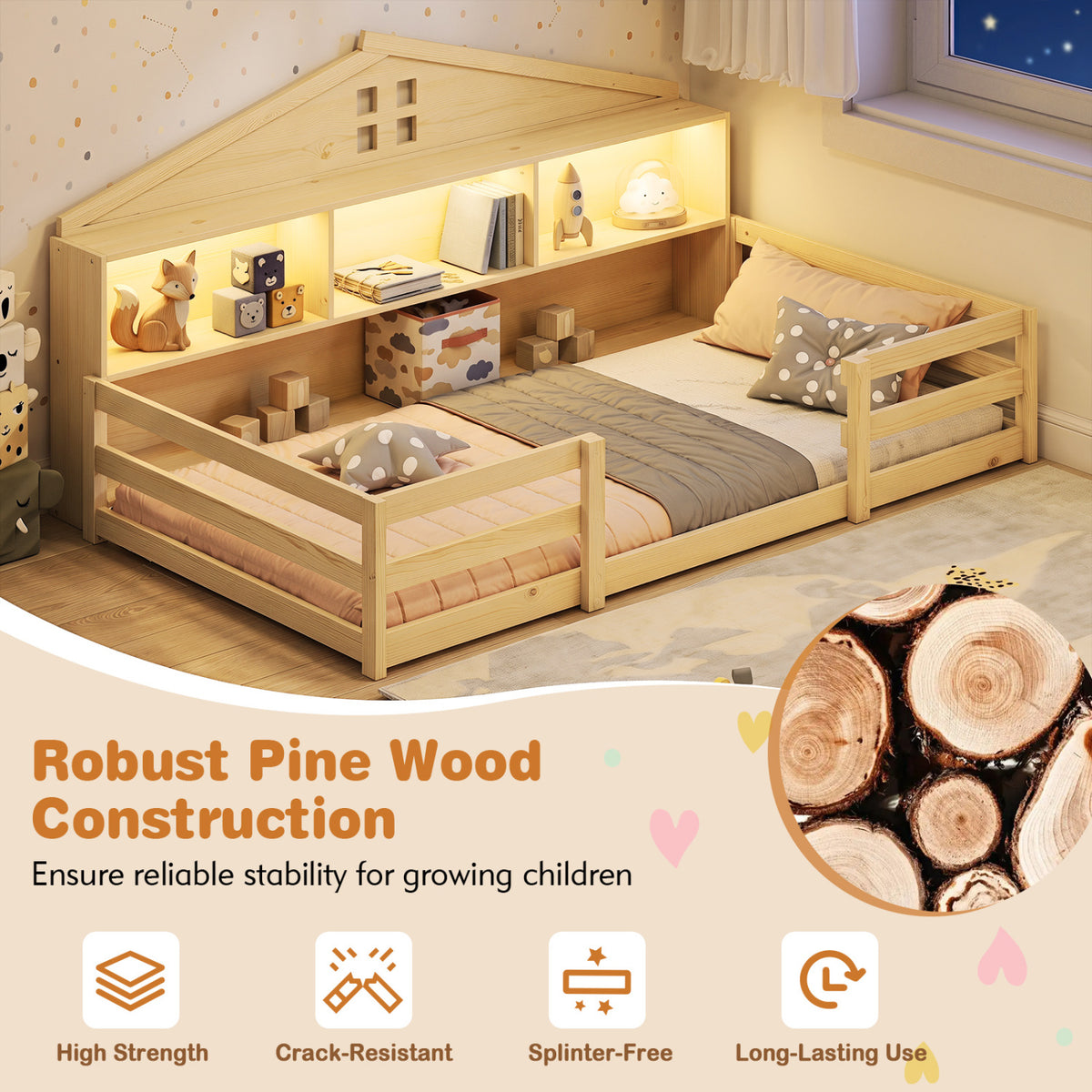 Twin Size Montessori Floor Bed with Storage Compartments and Shelf-Natural view 8