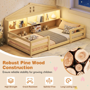 Twin Size Montessori Floor Bed with Storage Compartments and Shelf-Natural view 8