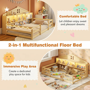 Twin Size Montessori Floor Bed with Storage Compartments and Shelf-Natural view 9