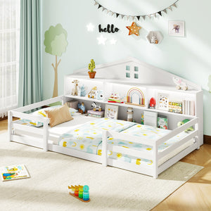 Twin Size Montessori Floor Bed with Storage Compartments and Shelf-White view 2