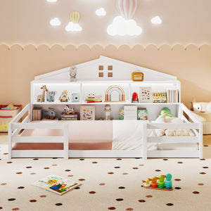 Twin Size Montessori Floor Bed with Storage Compartments and Shelf-White view 3