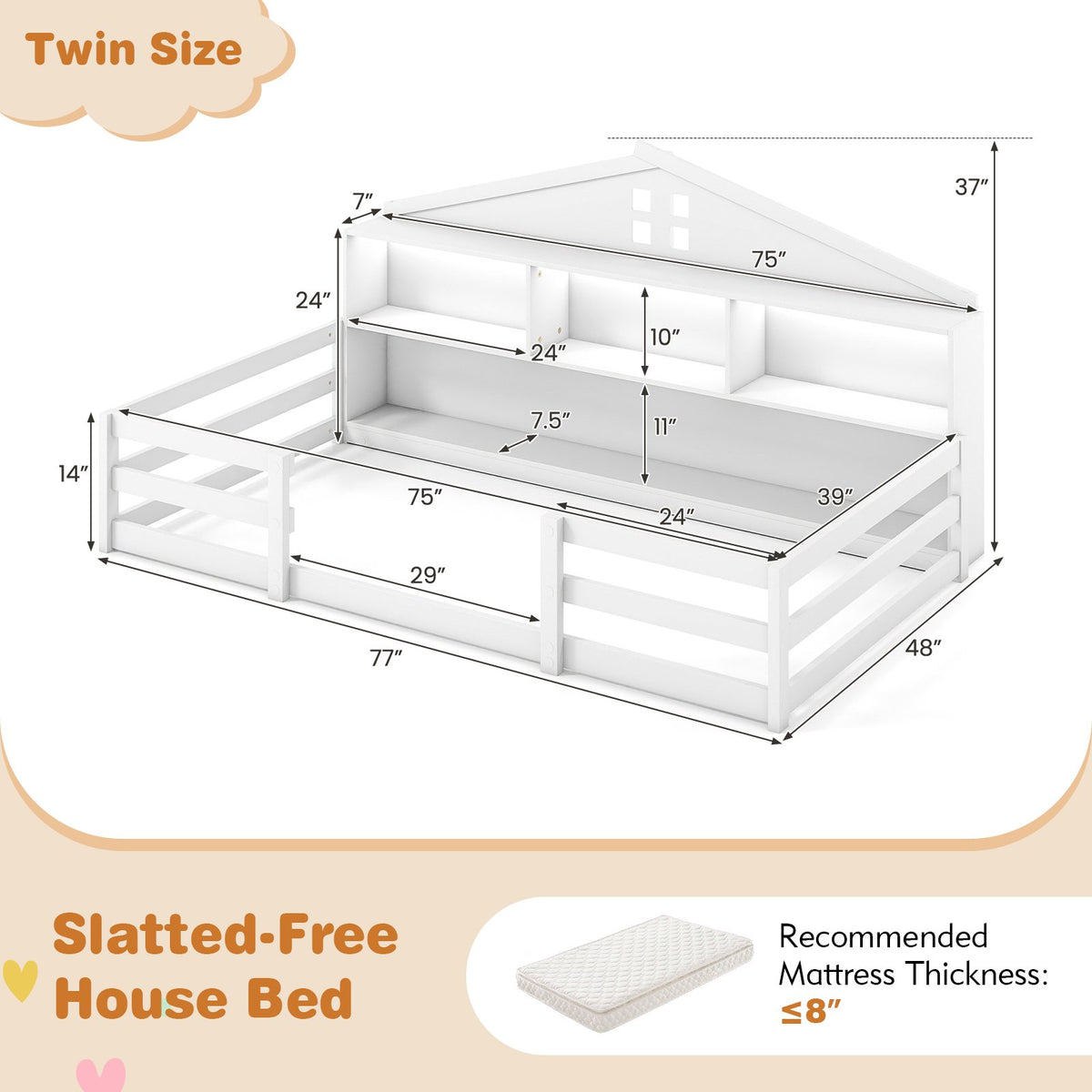 Twin Size Montessori Floor Bed with Storage Compartments and Shelf-White view 4