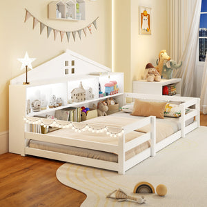 Twin Size Montessori Floor Bed with Storage Compartments and Shelf-White view 5