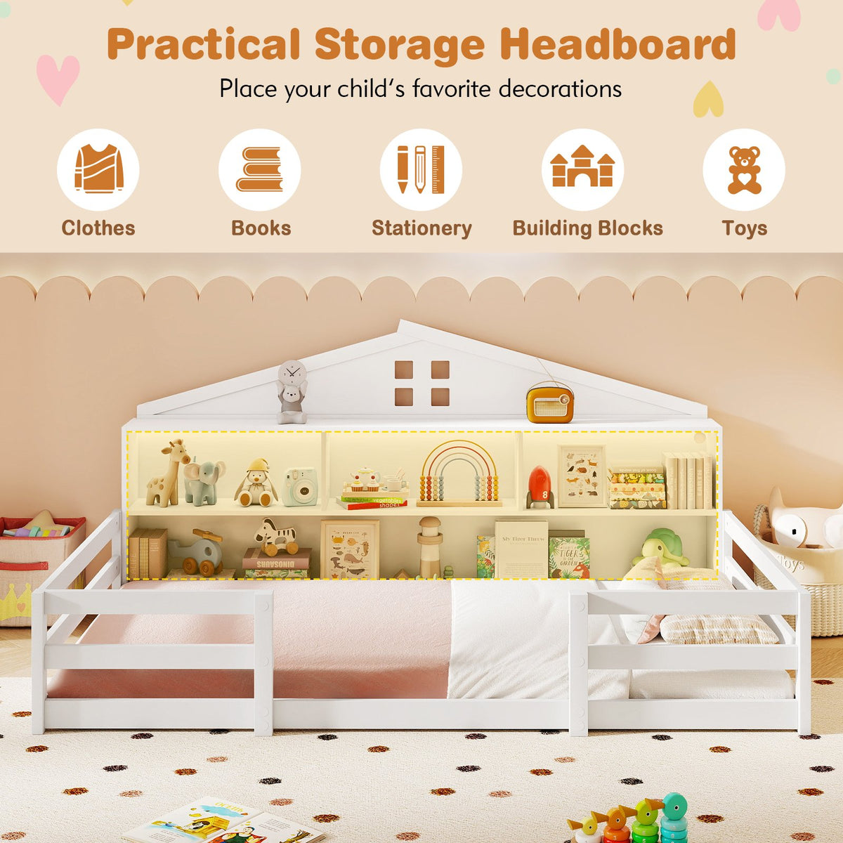 Twin Size Montessori Floor Bed with Storage Compartments and Shelf-White view 6