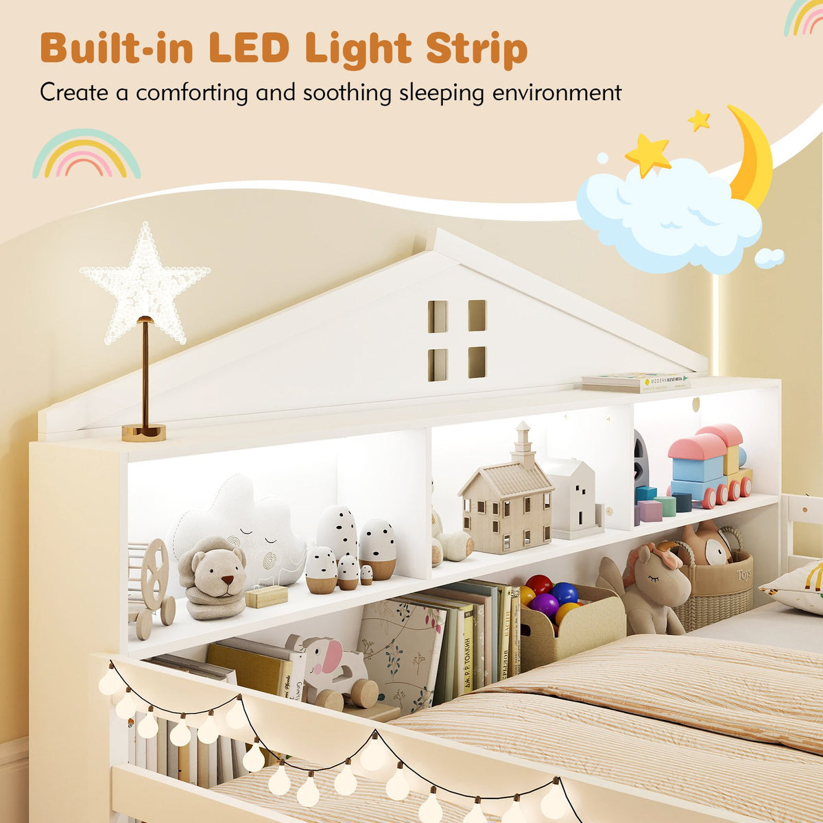 Twin Size Montessori Floor Bed with Storage Compartments and Shelf-White view 7