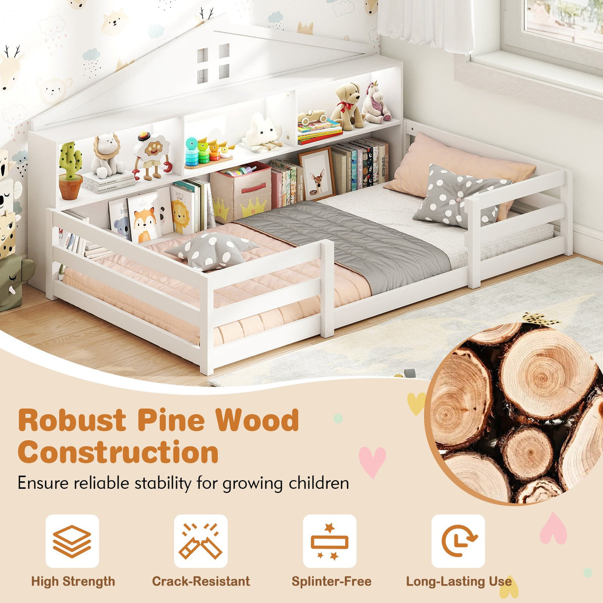 Twin Size Montessori Floor Bed with Storage Compartments and Shelf-White view 8