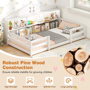 Twin Size Montessori Floor Bed with Storage Compartments and Shelf-White view 8
