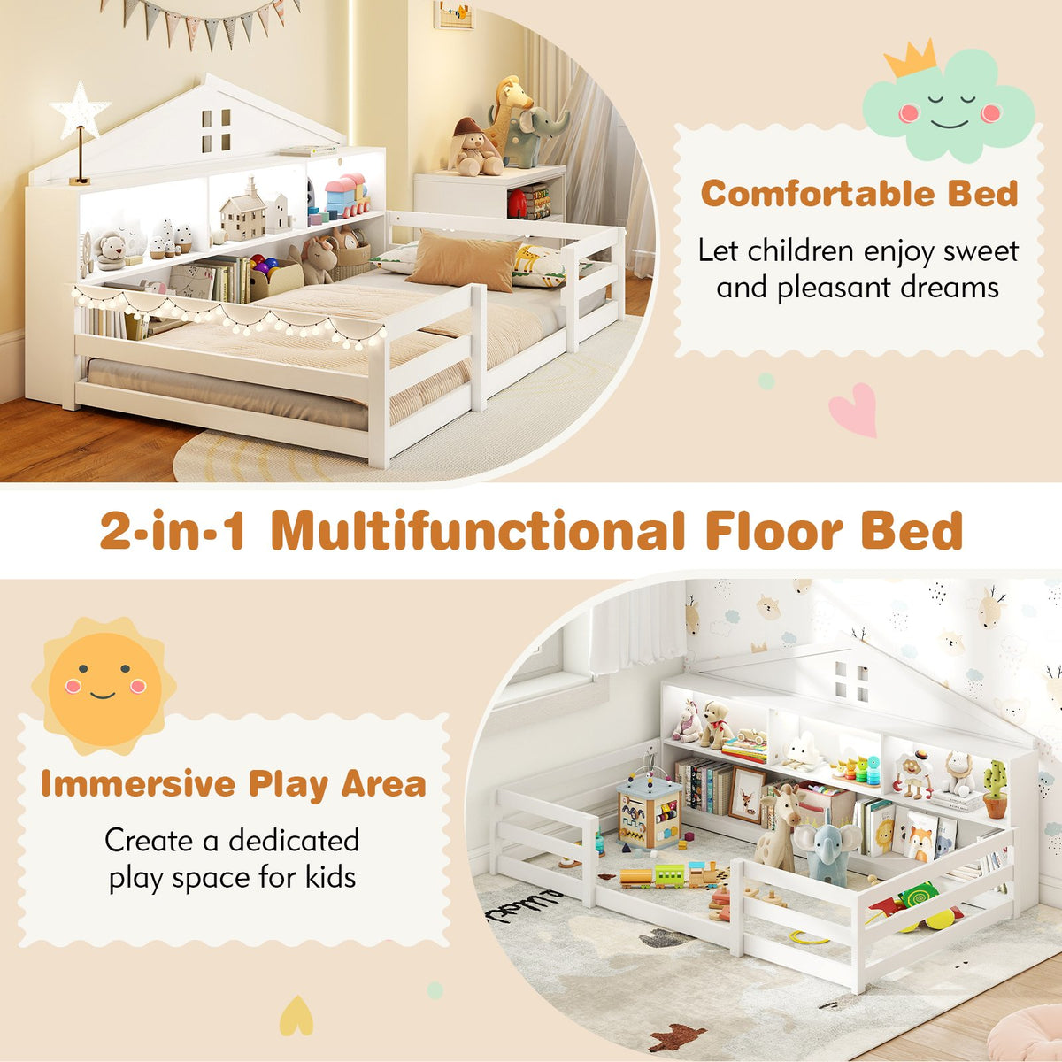 Twin Size Montessori Floor Bed with Storage Compartments and Shelf-White view 9