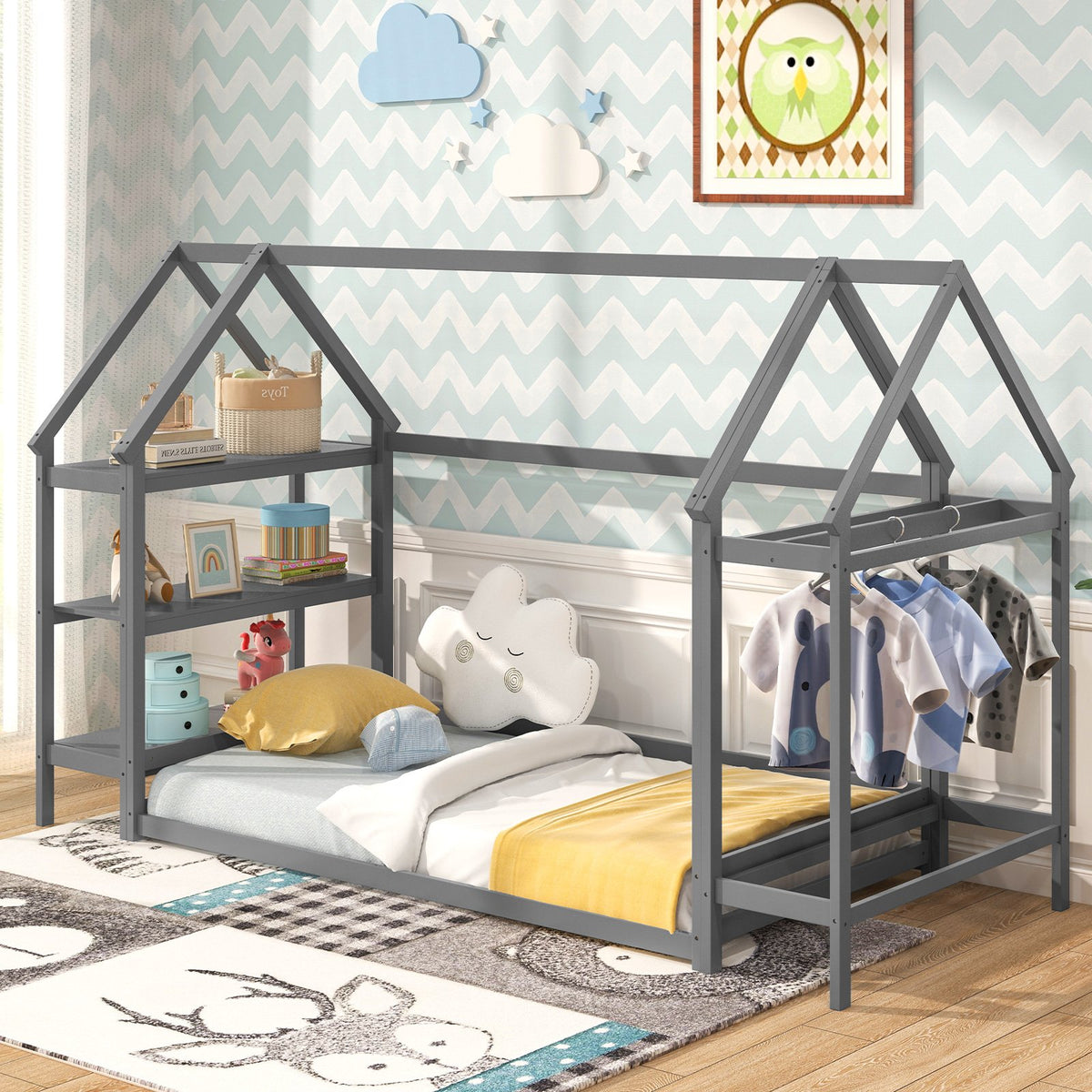 Twin Size Montessori Floor House Bed with Detachable Storage Shelves-Grey view 2