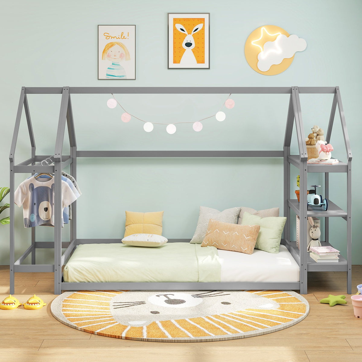 Twin Size Montessori Floor House Bed with Detachable Storage Shelves-Grey view 3