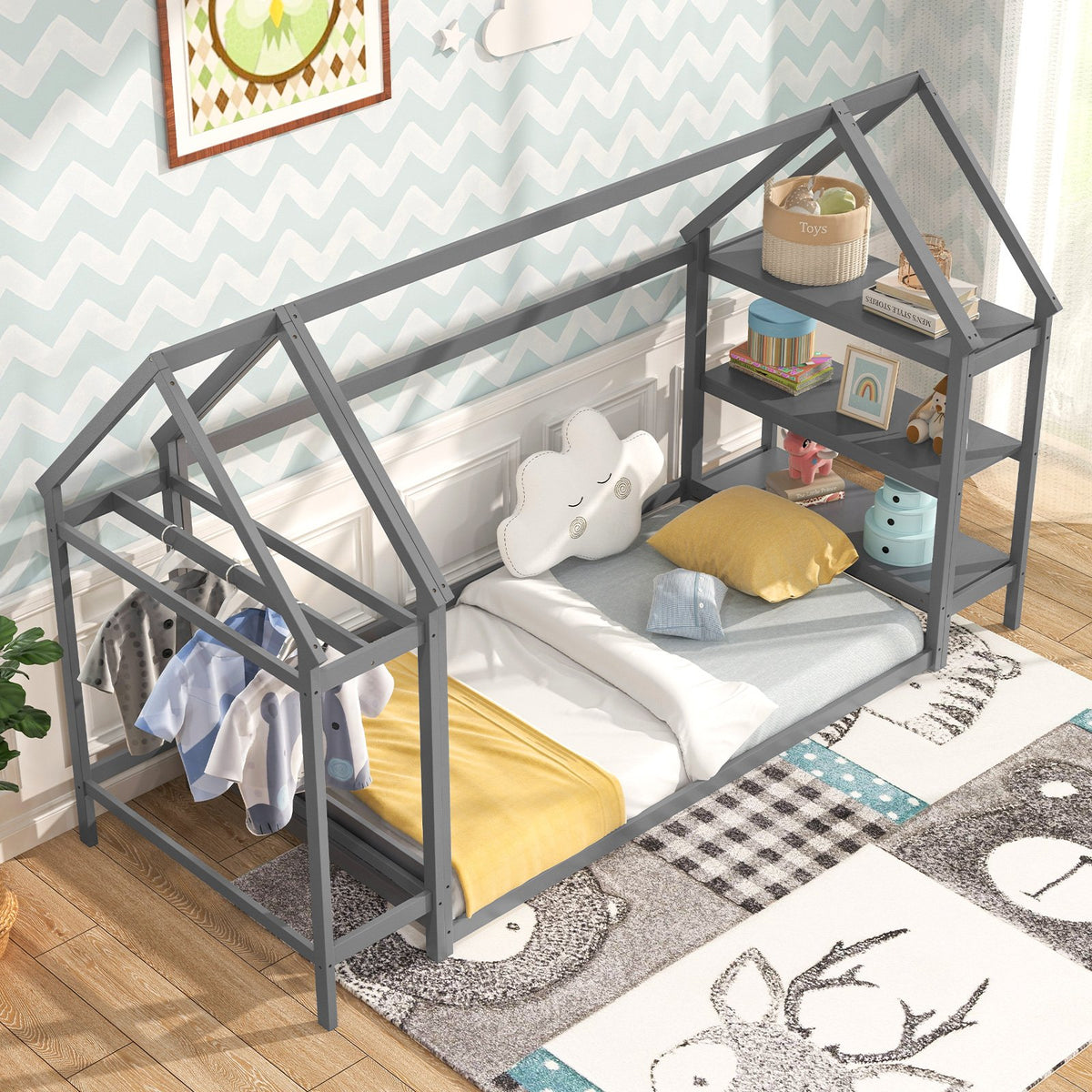 Twin Size Montessori Floor House Bed with Detachable Storage Shelves-Grey view 5