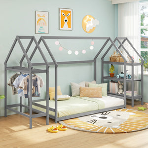 Twin Size Montessori Floor House Bed with Detachable Storage Shelves-Grey view 6