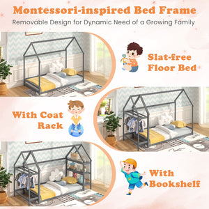 Twin Size Montessori Floor House Bed with Detachable Storage Shelves-Grey view 7