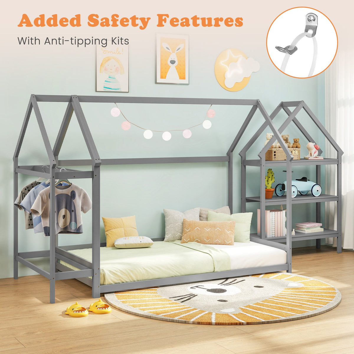Twin Size Montessori Floor House Bed with Detachable Storage Shelves-Grey view 8