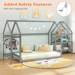 Twin Size Montessori Floor House Bed with Detachable Storage Shelves-Grey view 8
