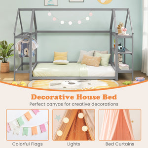 Twin Size Montessori Floor House Bed with Detachable Storage Shelves-Grey view 9