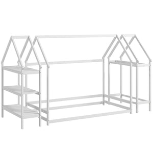 Twin Size Montessori Floor House Bed with Detachable Storage Shelves-White