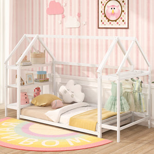 Twin Size Montessori Floor House Bed with Detachable Storage Shelves-White view 2