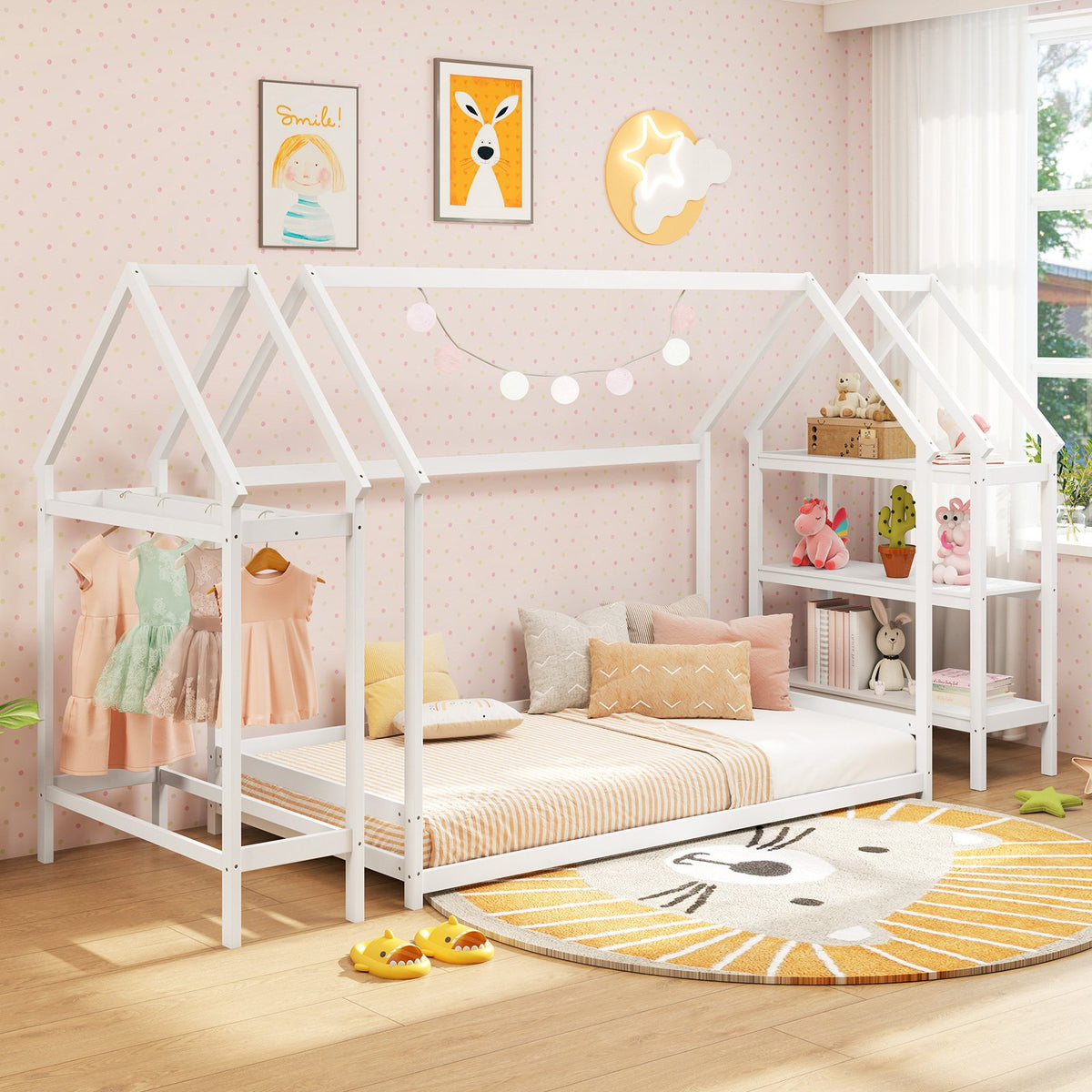 Twin Size Montessori Floor House Bed with Detachable Storage Shelves-White view 6