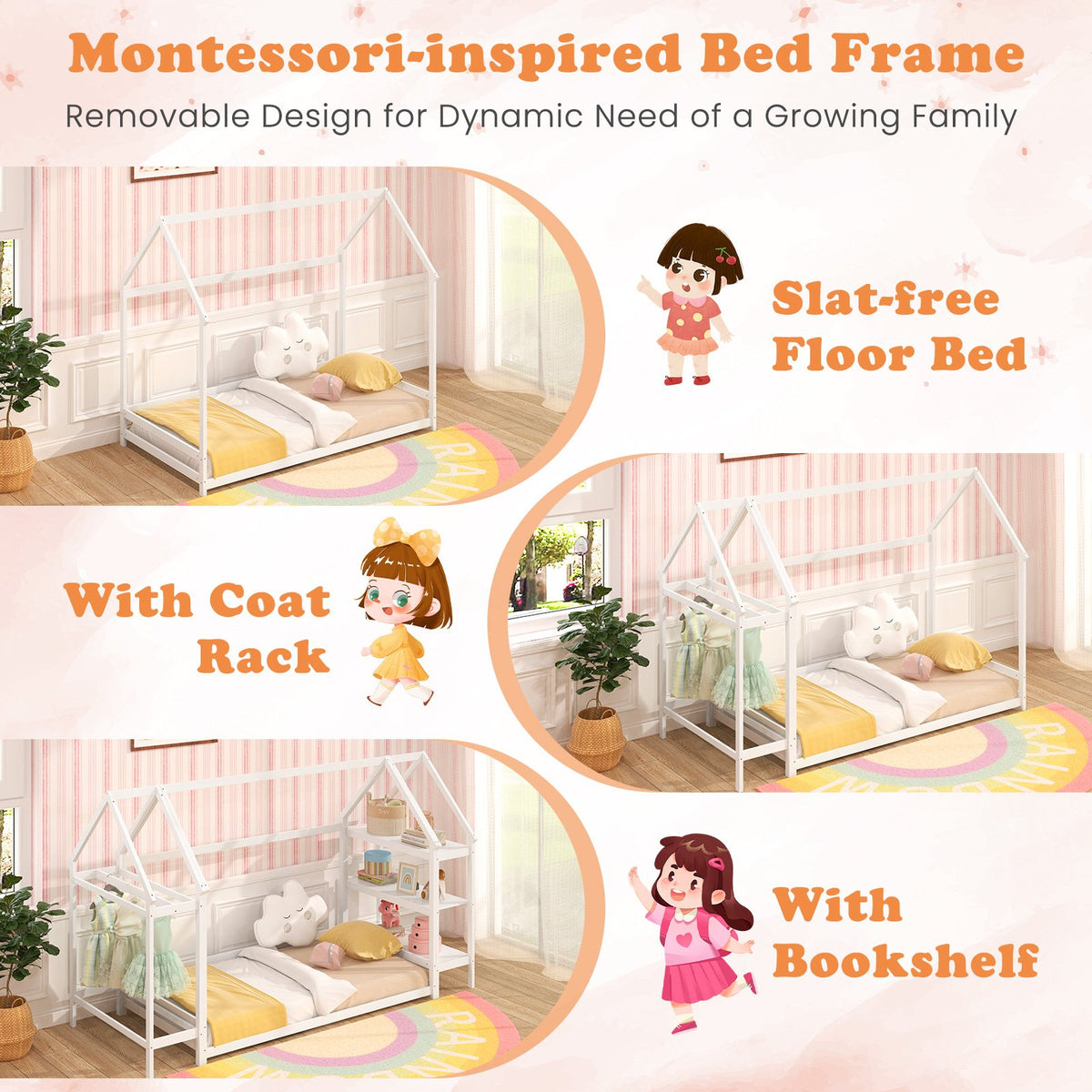 Twin Size Montessori Floor House Bed with Detachable Storage Shelves-White view 7