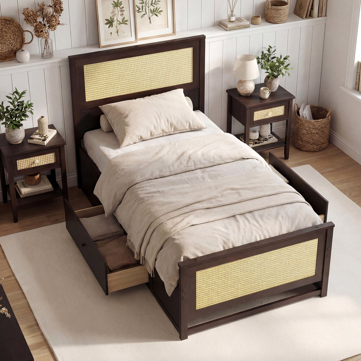 Twin Size Rattan Bed Frame with Storage Drawers-Coffee view 2