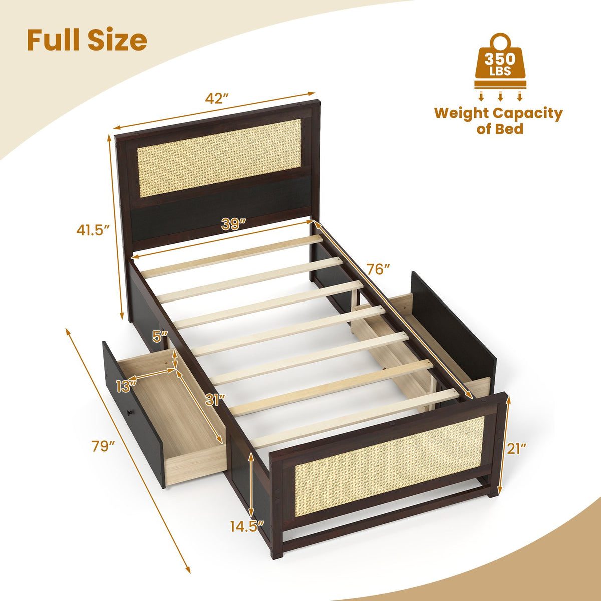 Twin Size Rattan Bed Frame with Storage Drawers-Coffee view 4