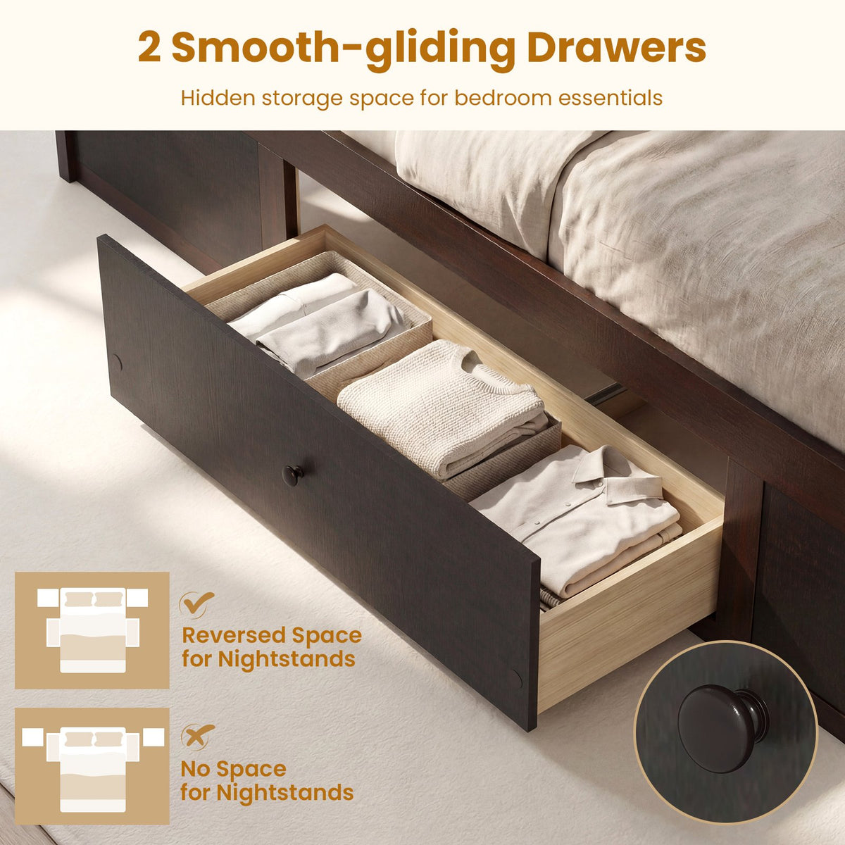 Twin Size Rattan Bed Frame with Storage Drawers-Coffee view 8