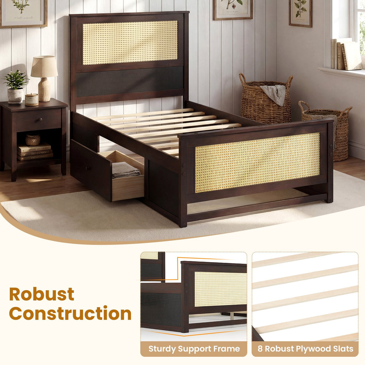 Twin Size Rattan Bed Frame with Storage Drawers-Coffee view 9