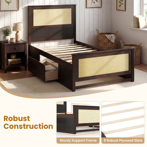Twin Size Rattan Bed Frame with Storage Drawers-Coffee view 9