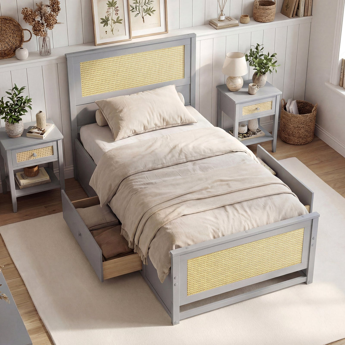 Twin Size Rattan Bed Frame with Storage Drawers-Gray view 2