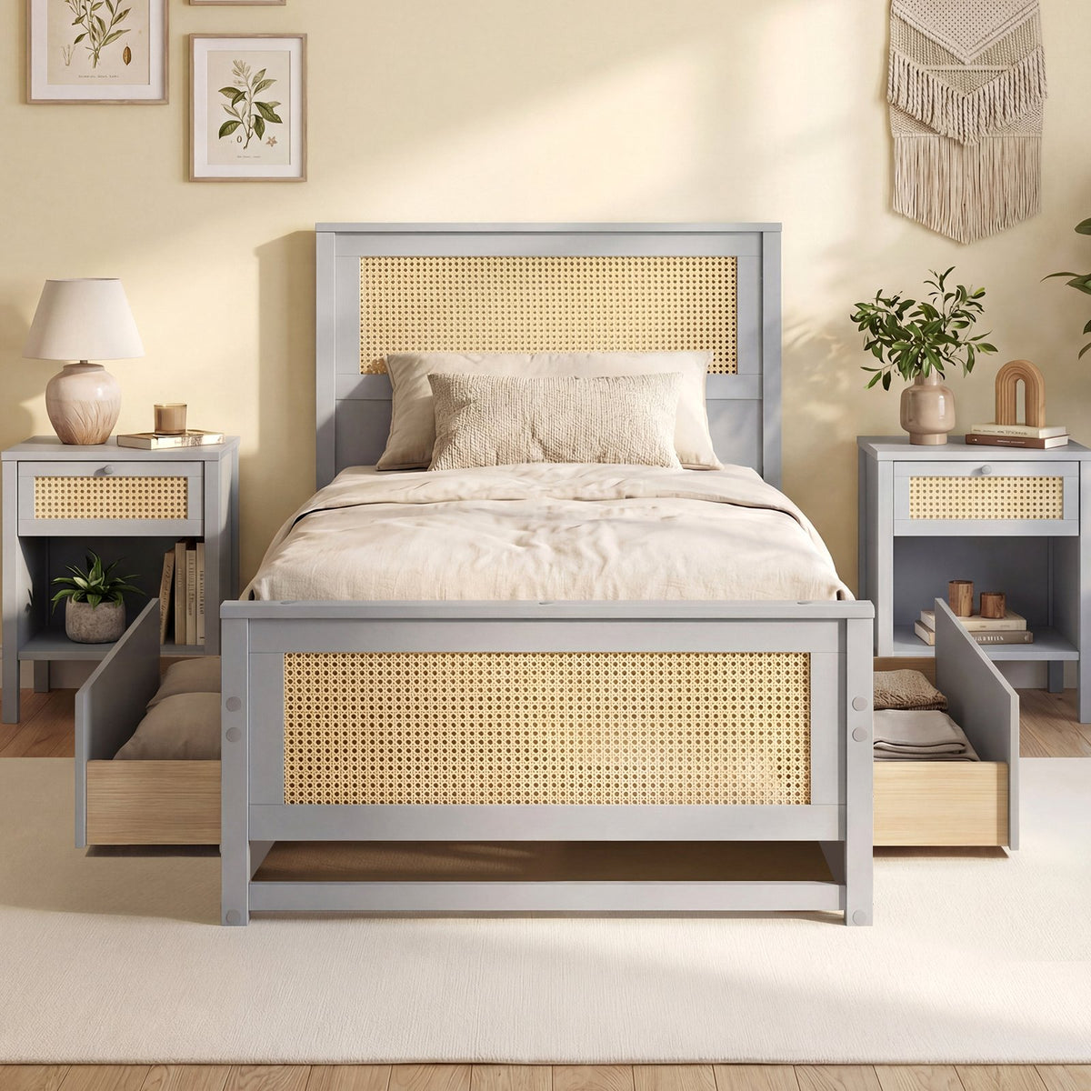 Twin Size Rattan Bed Frame with Storage Drawers-Gray view 3