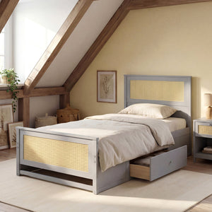 Twin Size Rattan Bed Frame with Storage Drawers-Gray view 5