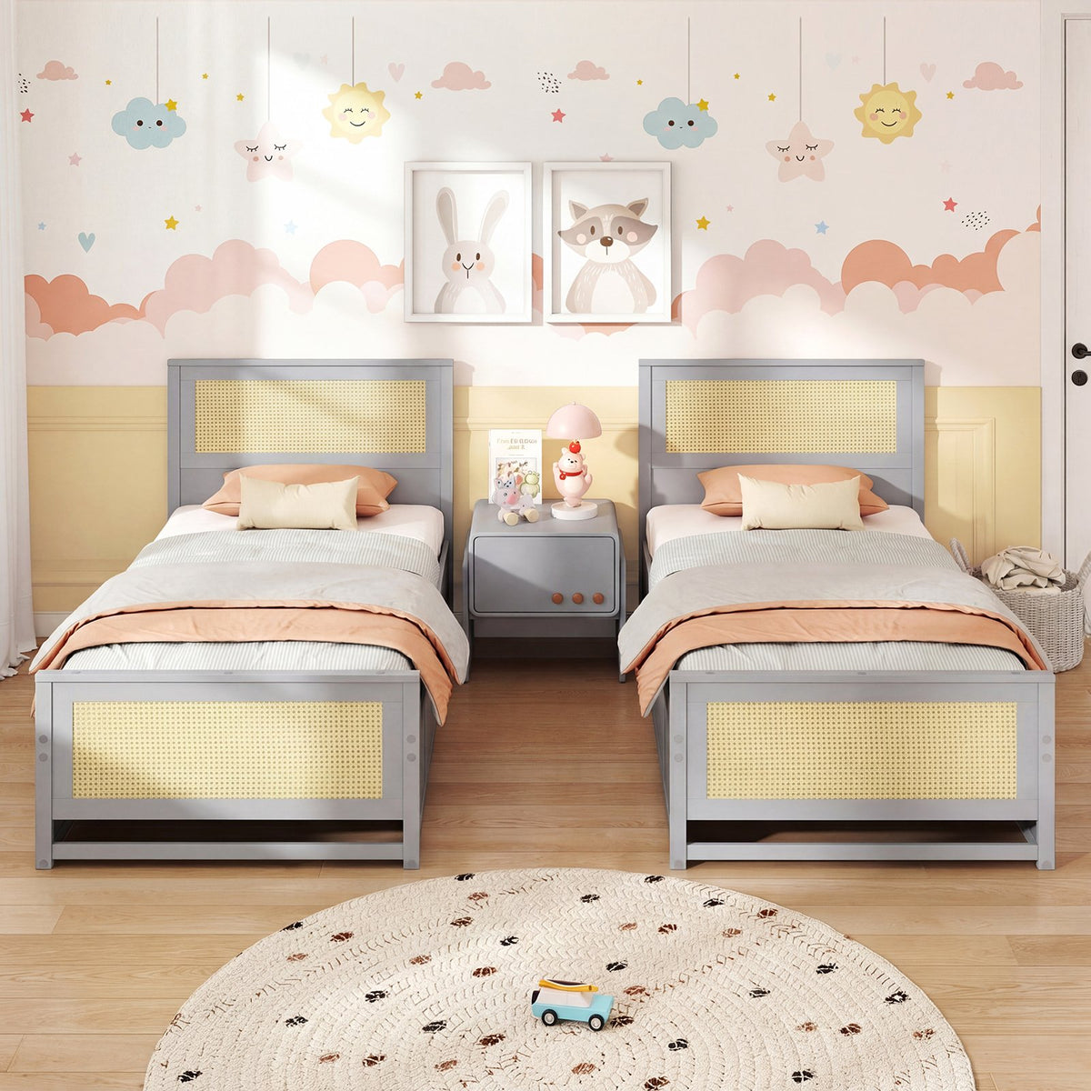 Twin Size Rattan Bed Frame with Storage Drawers-Gray view 6