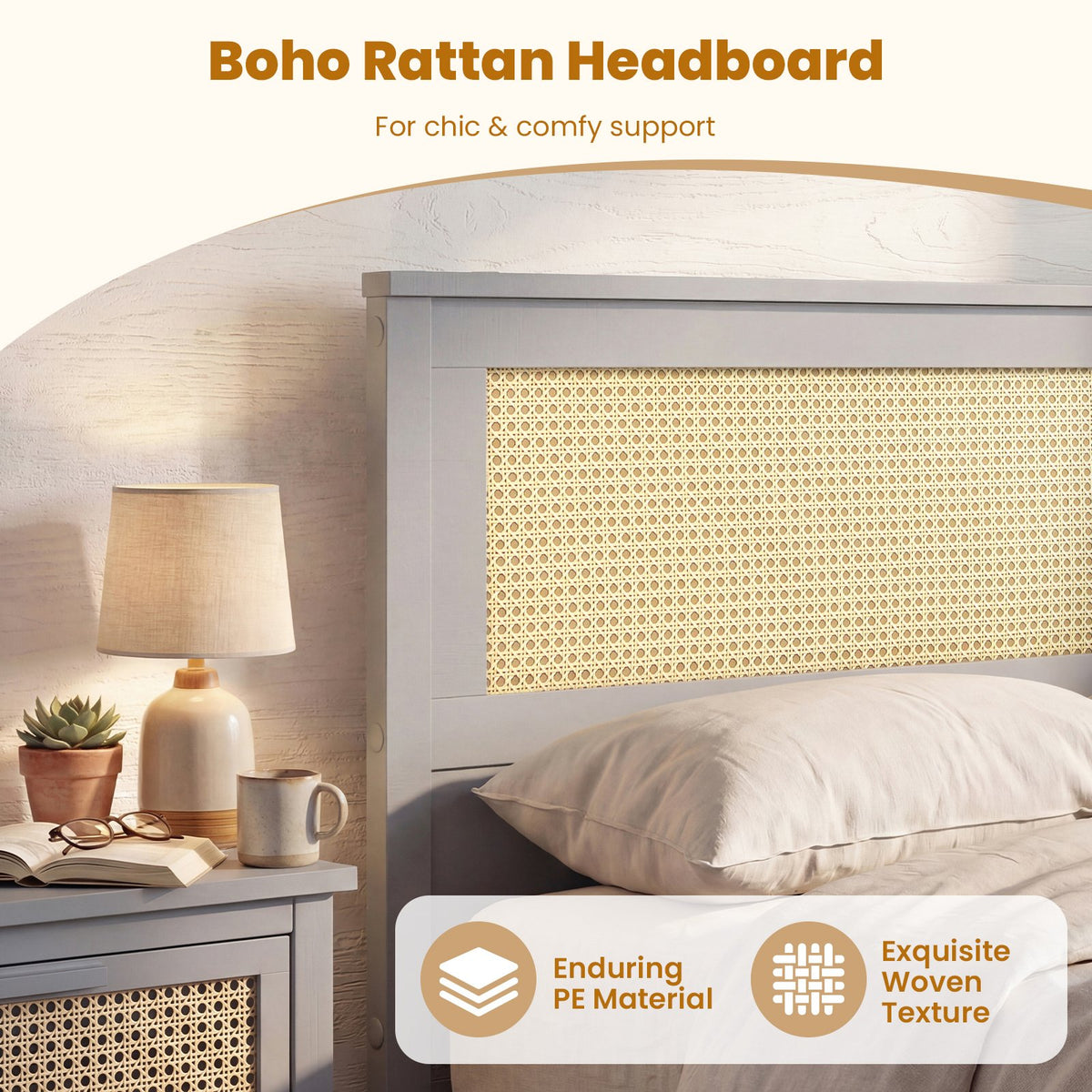 Twin Size Rattan Bed Frame with Storage Drawers-Gray view 7