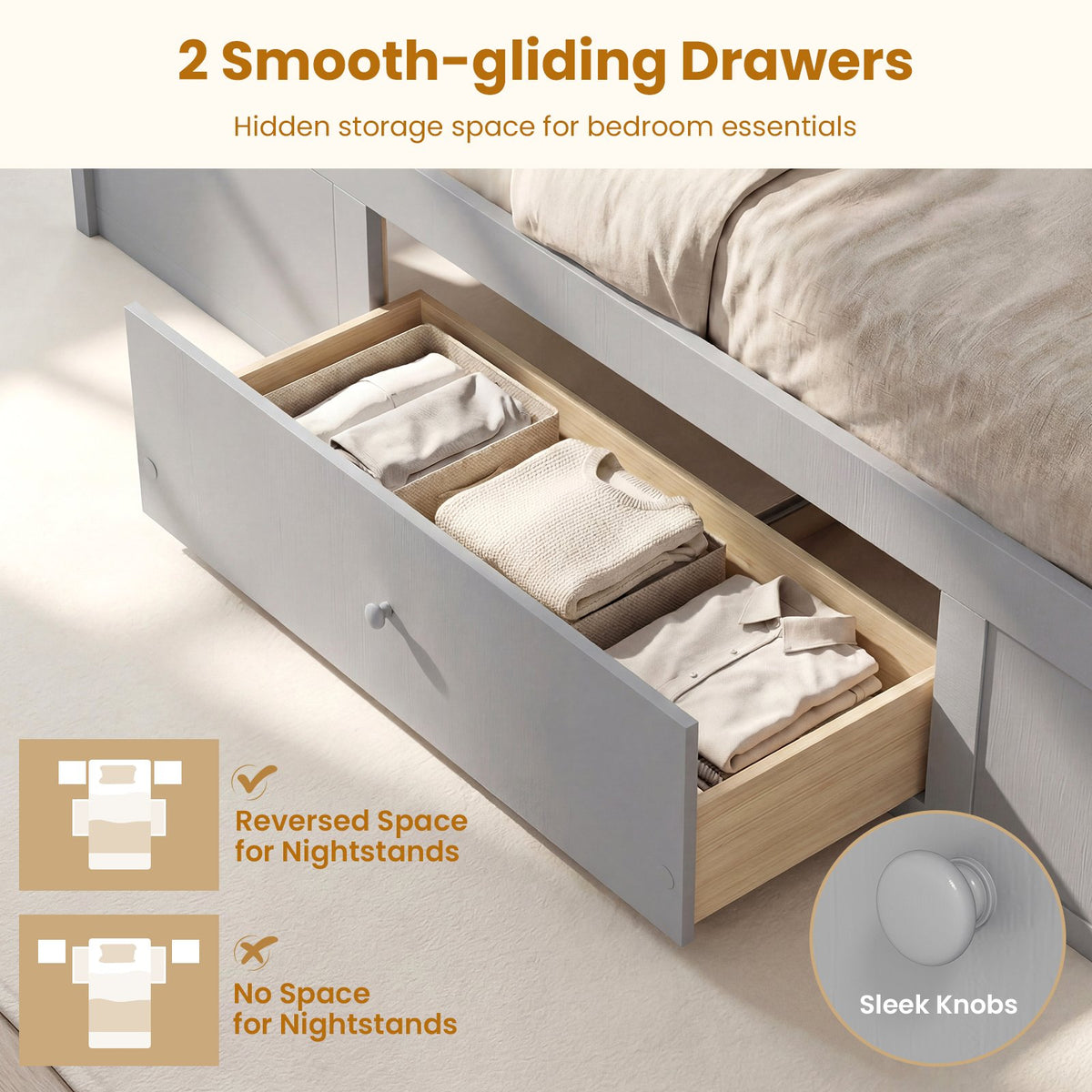 Twin Size Rattan Bed Frame with Storage Drawers-Gray view 8