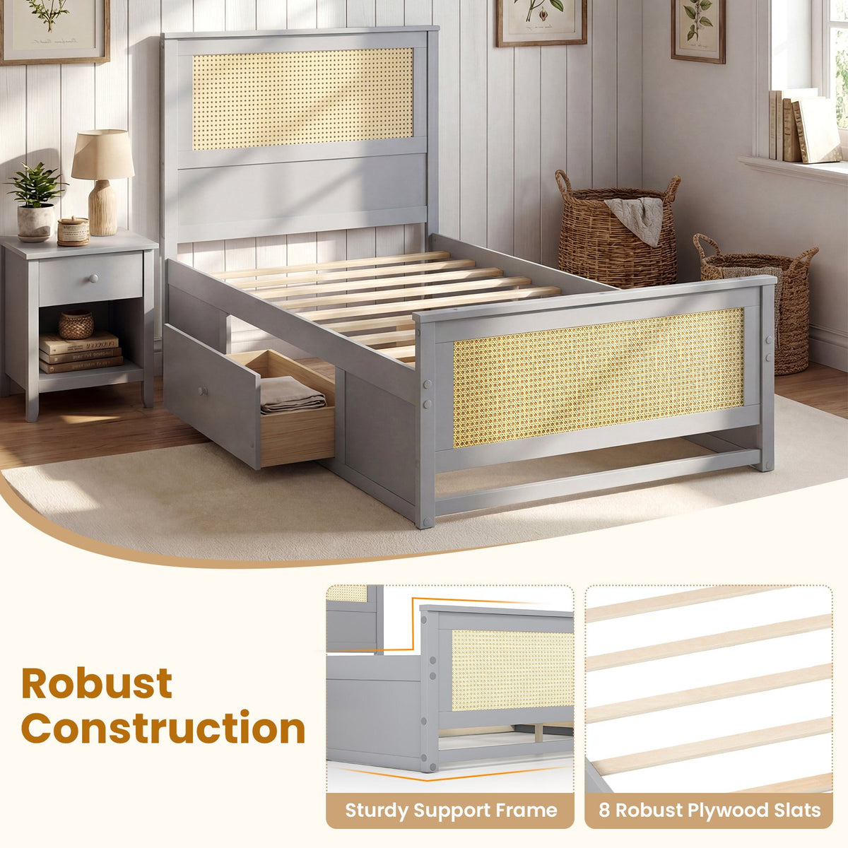 Twin Size Rattan Bed Frame with Storage Drawers-Gray view 9