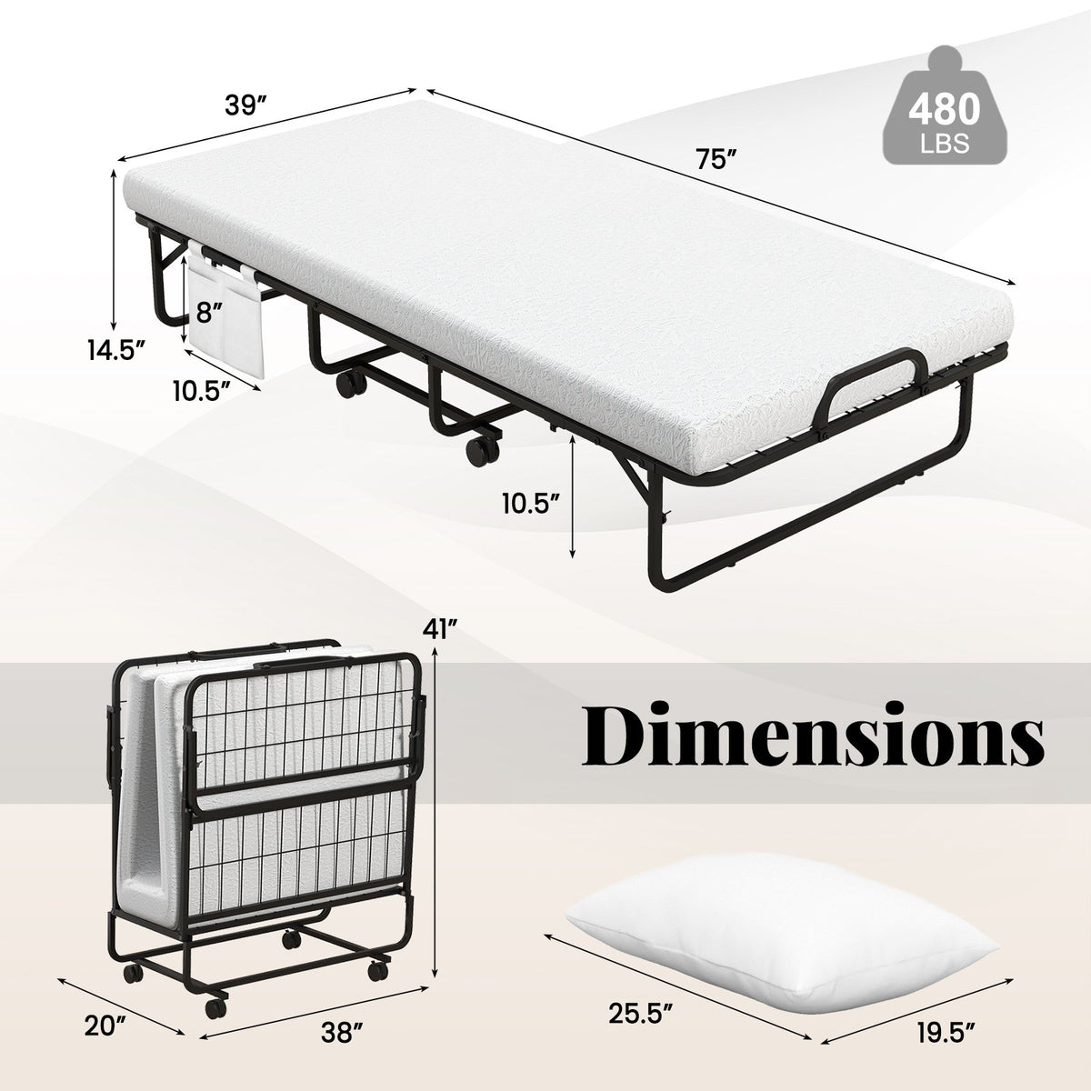Twin Size Rollaway Guest Folding Bed with Mattress Sturdy Heavy Duty Frame view 4