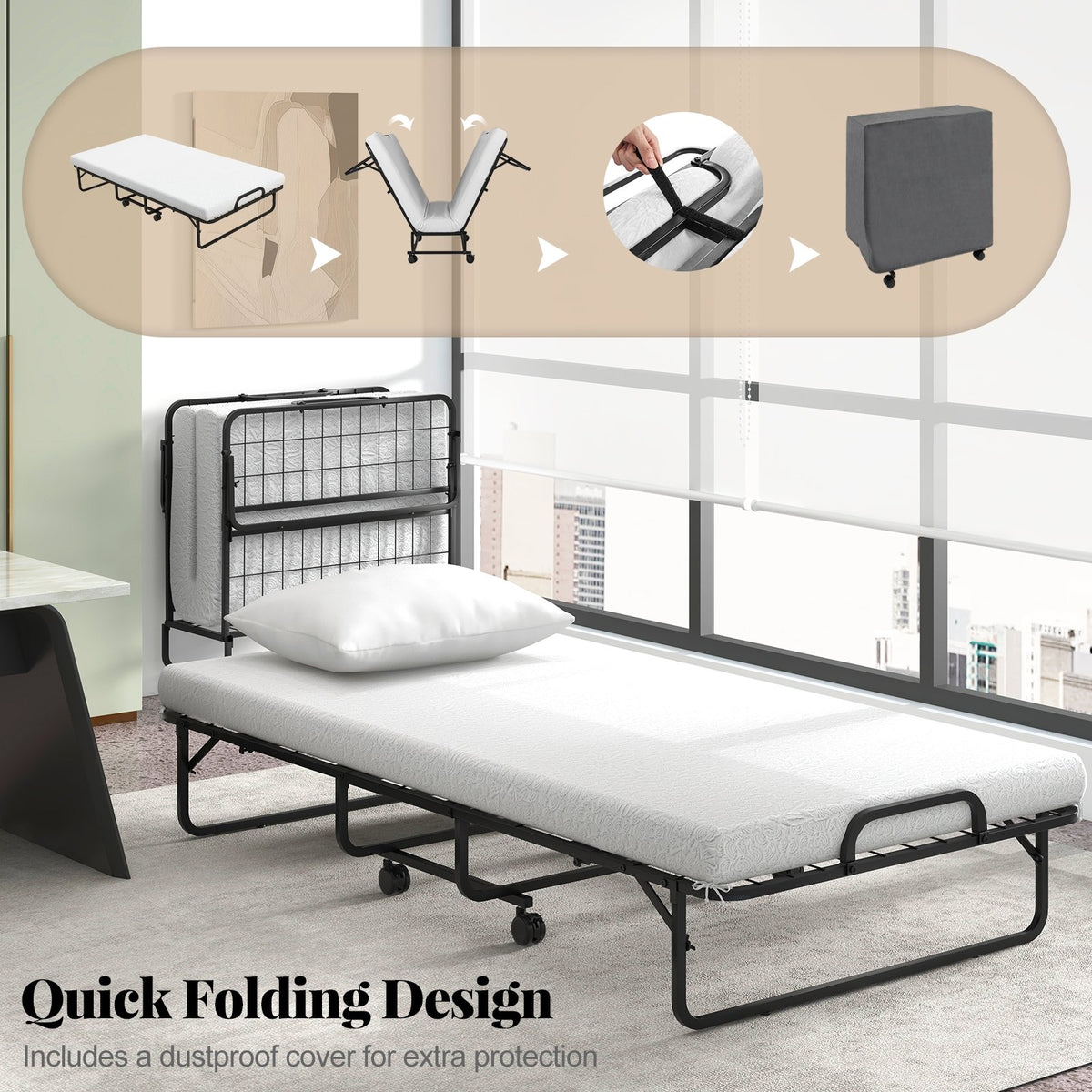 Twin Size Rollaway Guest Folding Bed with Mattress Sturdy Heavy Duty Frame view 6