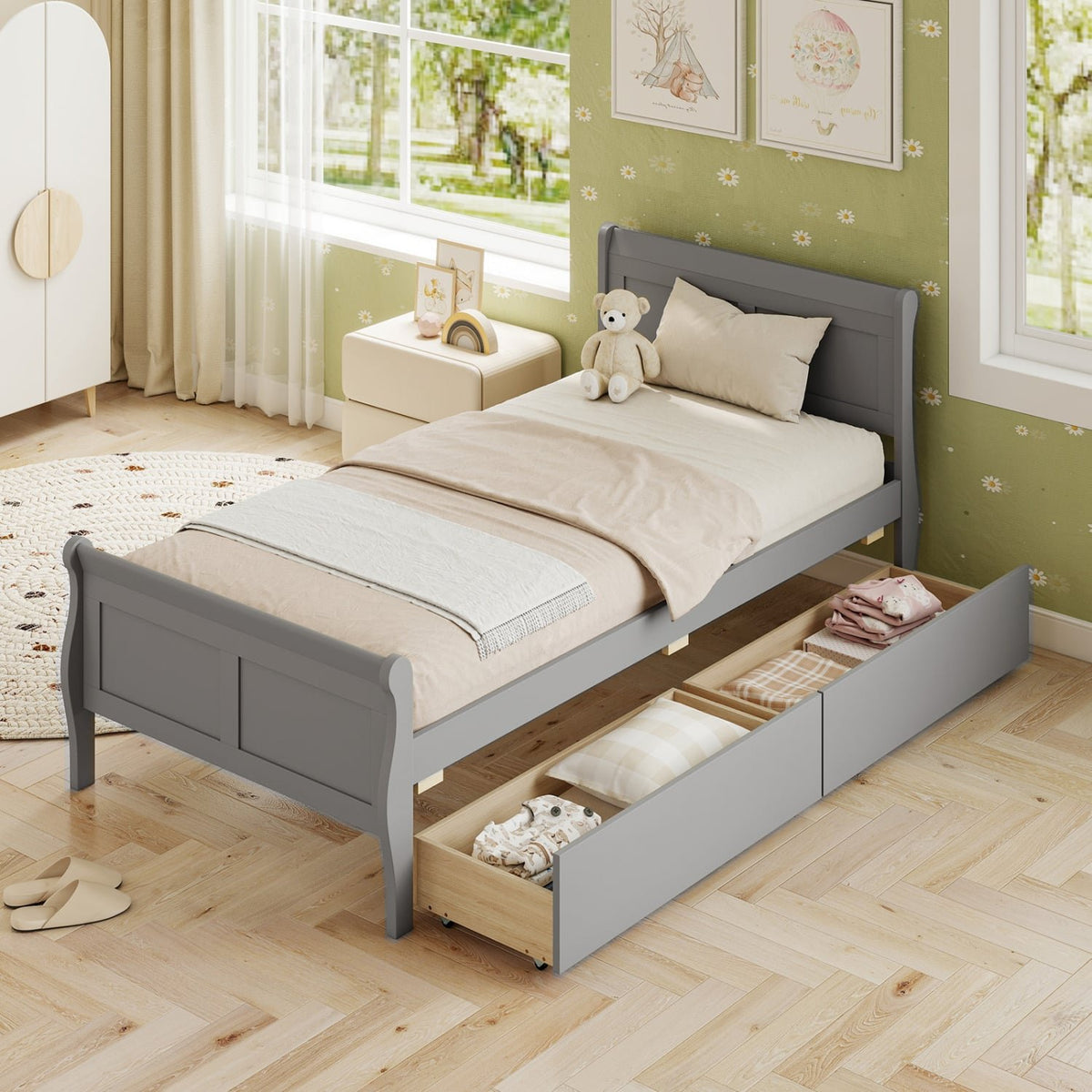 Twin Size Sleigh Bed with 2 Storage Drawers Wood Platform Bed Frame-Gray view 2