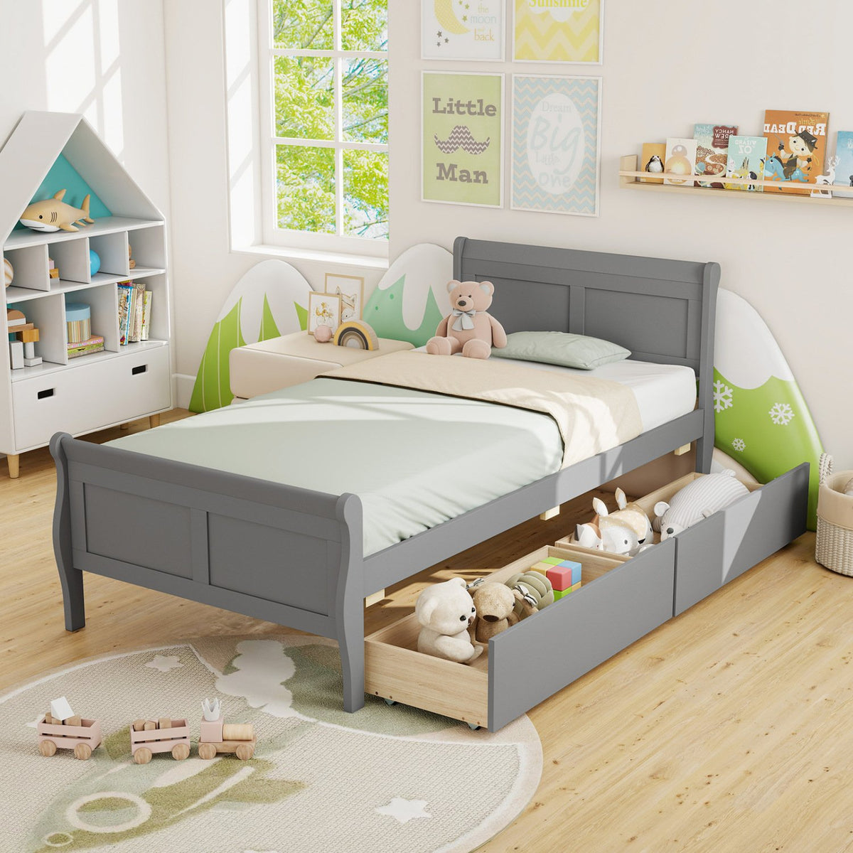 Twin Size Sleigh Bed with 2 Storage Drawers Wood Platform Bed Frame-Gray view 5