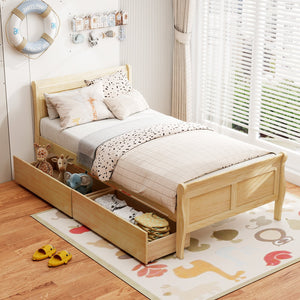 Twin Size Sleigh Bed with 2 Storage Drawers Wood Platform Bed Frame-Natural view 2