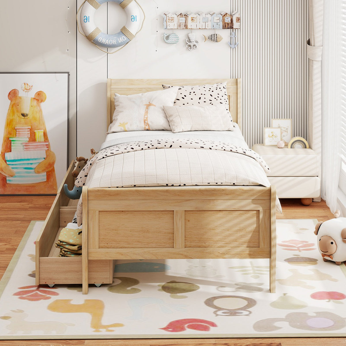 Twin Size Sleigh Bed with 2 Storage Drawers Wood Platform Bed Frame-Natural view 3