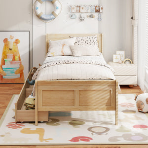 Twin Size Sleigh Bed with 2 Storage Drawers Wood Platform Bed Frame-Natural view 3