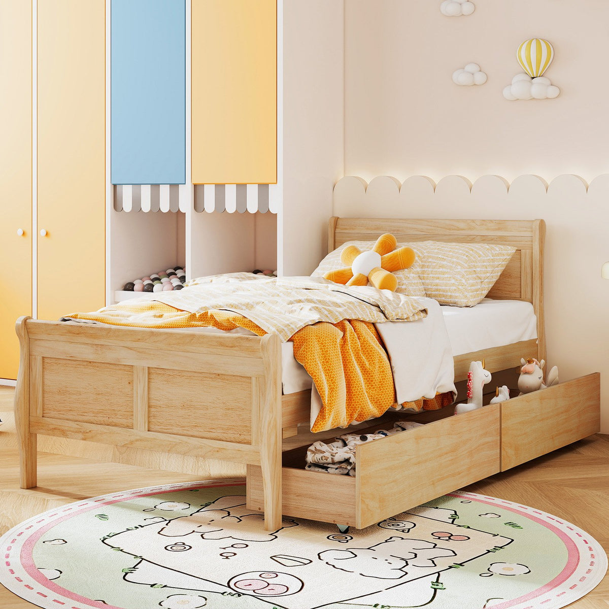 Twin Size Sleigh Bed with 2 Storage Drawers Wood Platform Bed Frame-Natural view 6