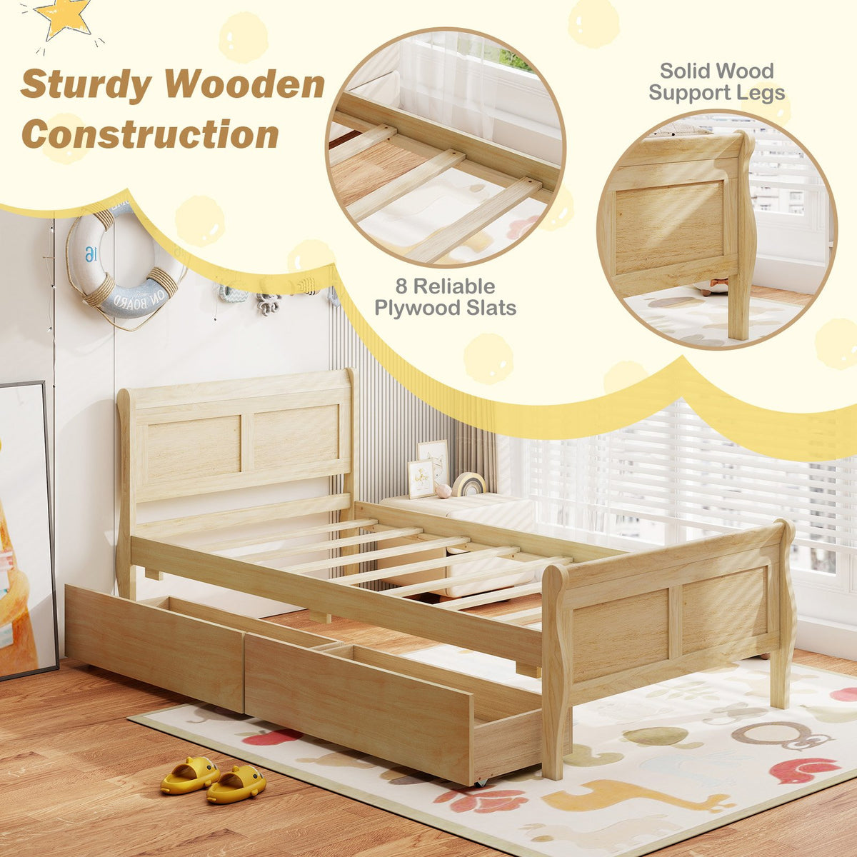 Twin Size Sleigh Bed with 2 Storage Drawers Wood Platform Bed Frame-Natural view 7