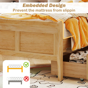 Twin Size Sleigh Bed with 2 Storage Drawers Wood Platform Bed Frame-Natural view 9